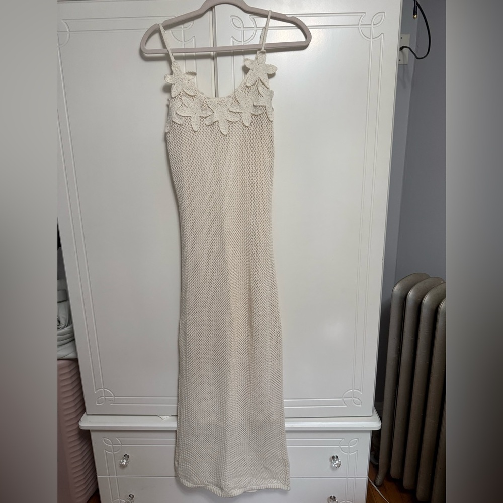 Freshman Cream Crochet Maxi Dress with Floral Strap Detail